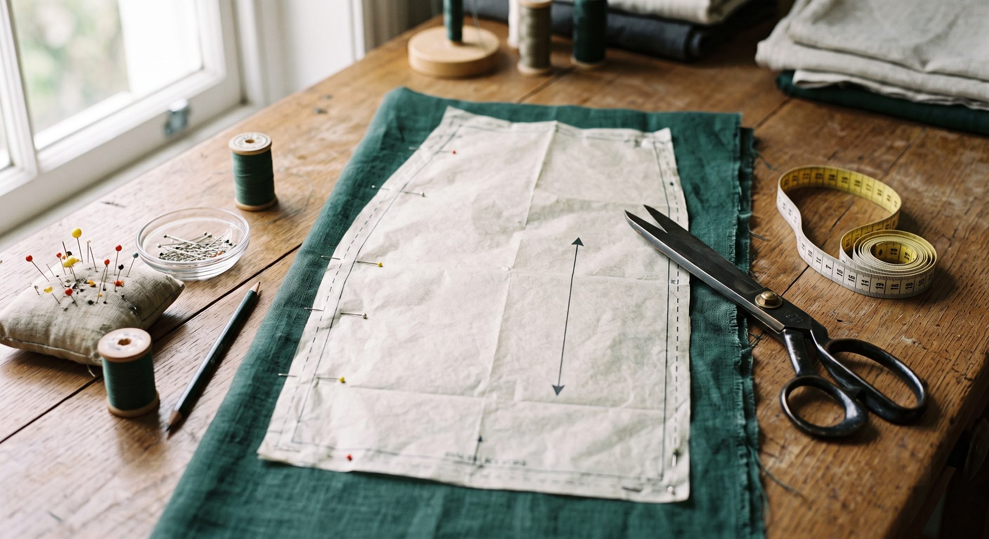 A sewing atelier table: a paper skirt pattern pinned onto green linen, with tailor shears, pins and a tape measure